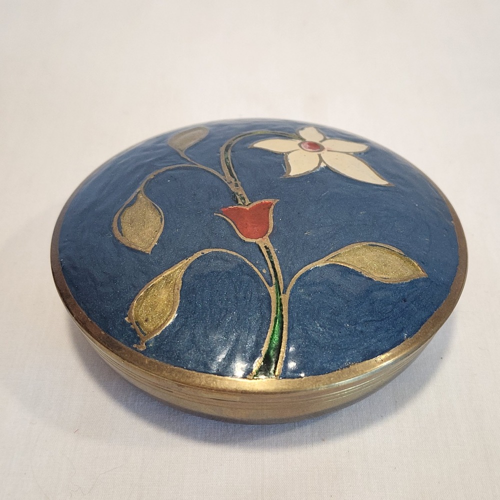 Vintage Brass Enamel Trinket Box Blue Floral Made in India Round Jewelry Case 4"